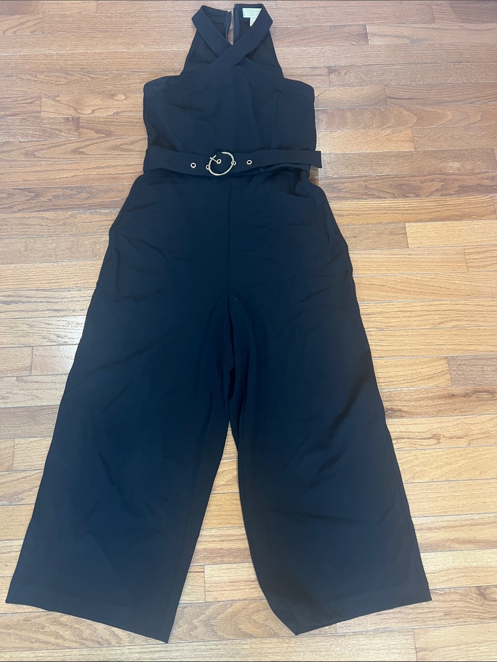 Women's Black Halter Wide-Leg Jumpsuit with Belt